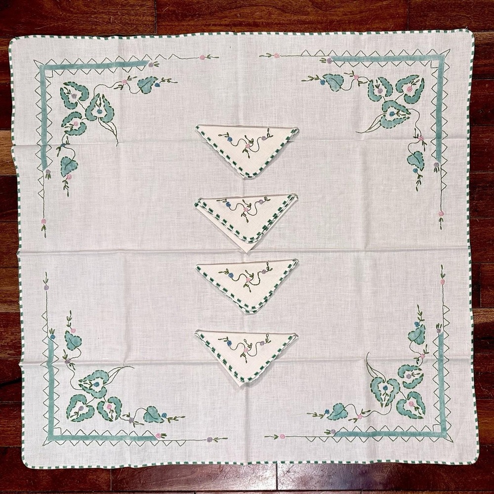 VTG Hand‎ Embroidered MCM 32" Square Floral Tablecloth 4 Napkins Edging Flowers